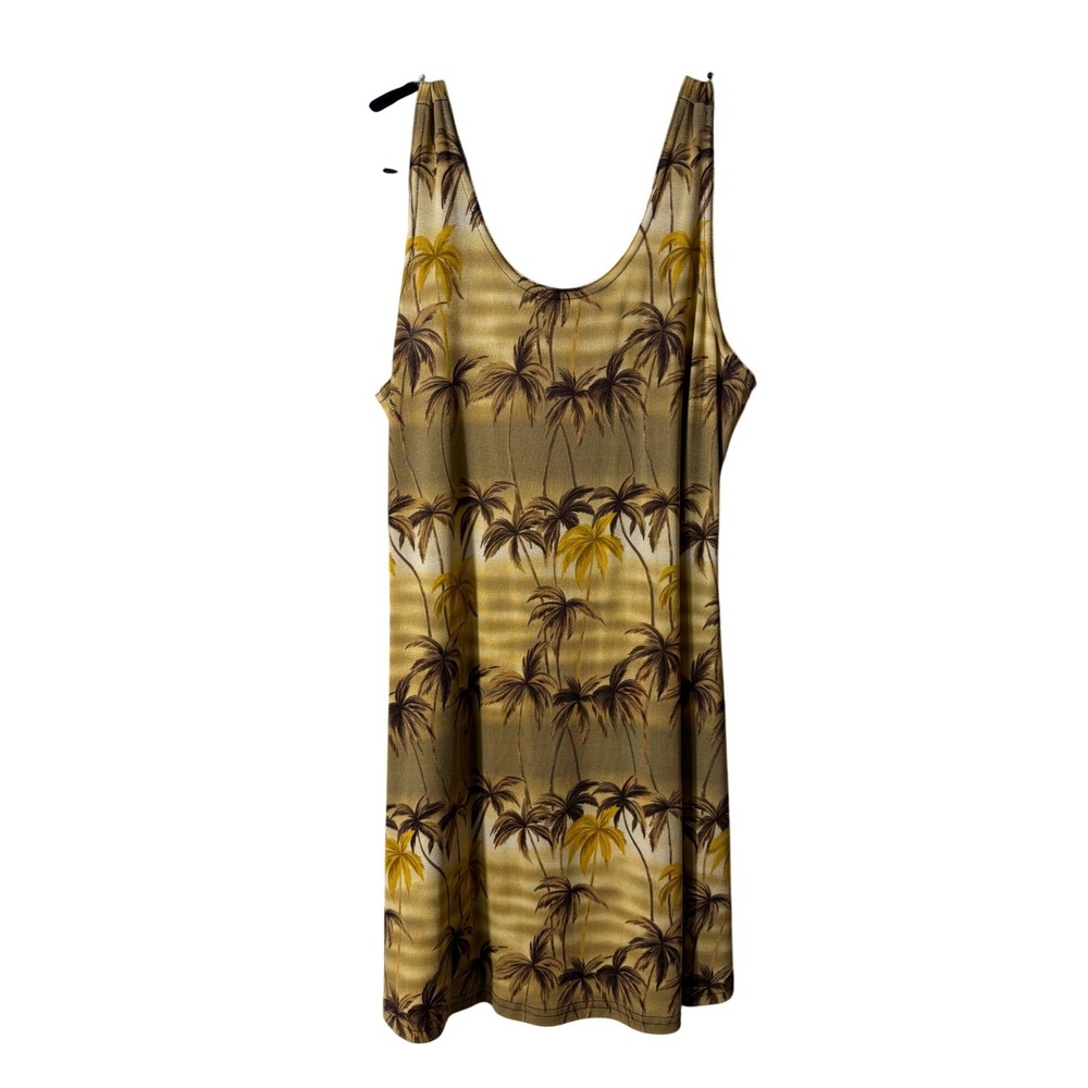 VTG Style Tropical Palm Tree‎ Print Scoop Neck Mini Tank Size S Dress Tan Brown